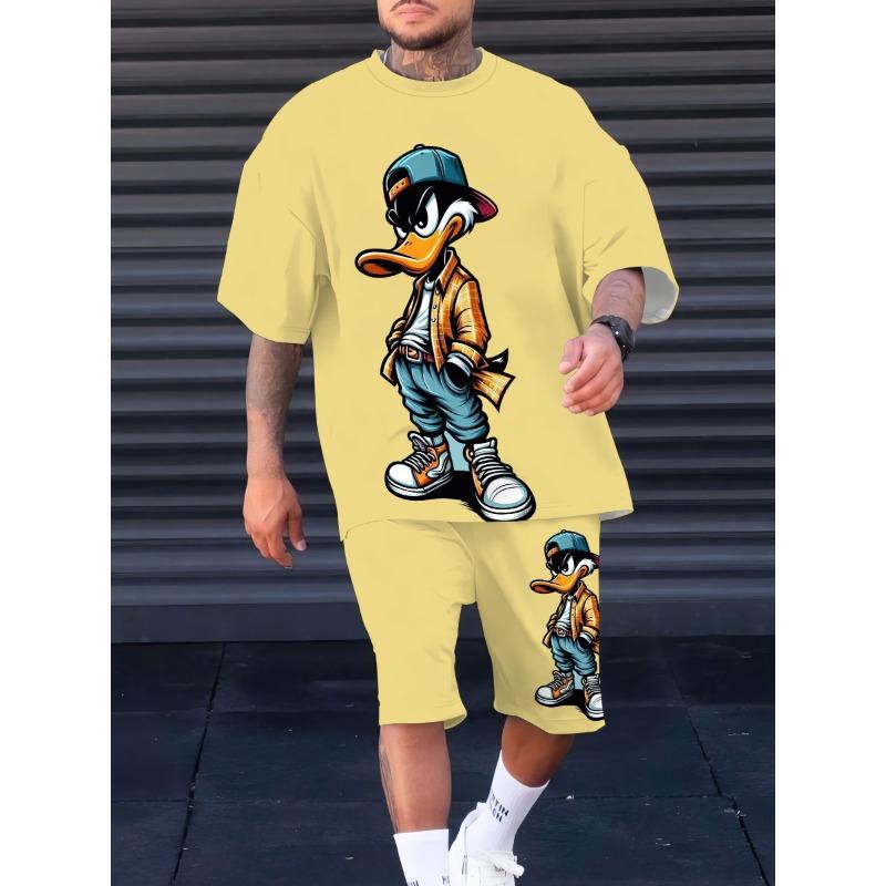 Летний мужской костюм 2026 года с интересным принтом в виде мультяшной утки, повседневный и модный, из полиэстера, мужская одежда S