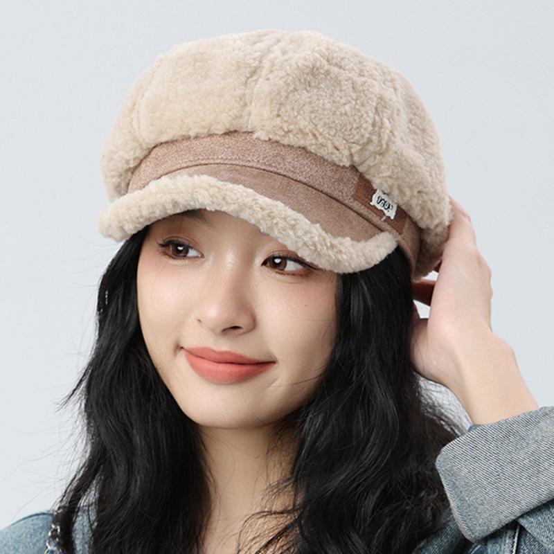 Thick Plush Stitching Octagonal Cap Women's Winter Warm Beret Ear Protection Cap
