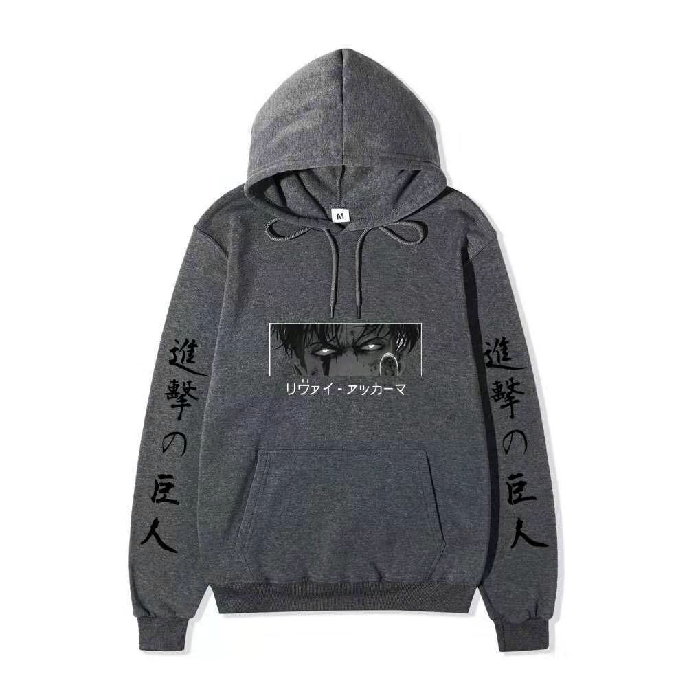 Anime Attack On Titan Levi Ackerman Hoodie, Double Sleeve Japanese Text Print Pullover Sweatshirt Long Sleeve Streetwear for Men Women