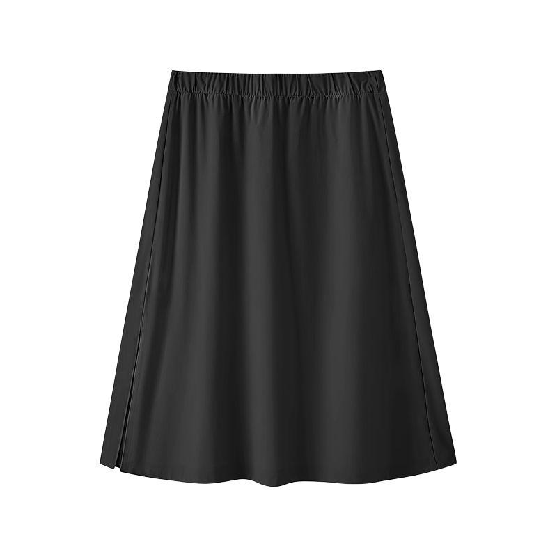 Skechers Classic Series Solid Color Letter Comfortable Versatile Side Split Casual Long Skirt Women Skirts Deep-Night-Black L225W037-03B6