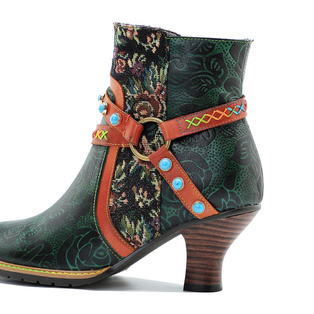 Johnature Genuine Leather Boots Fashion Women High-heeled Shoes Retro Rivet Patchwork Short Boots