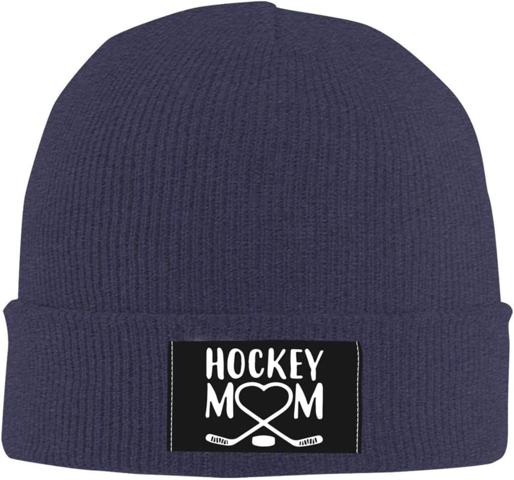 Winter Knit Hat Cap for Unisex Women, Hockey Mom Heart Daily Beanie Hat Unisex Warm Cuff Ski Skull Caps Black