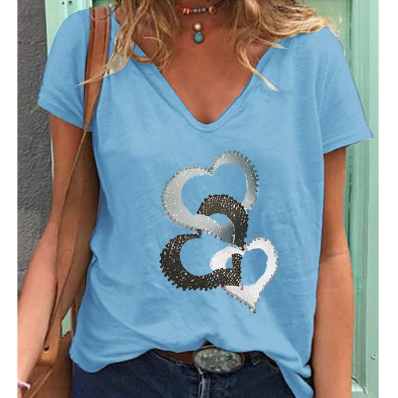 Fashion Spring  Love Print Blouses Short Sleeved V-Neck T Shirts Casual