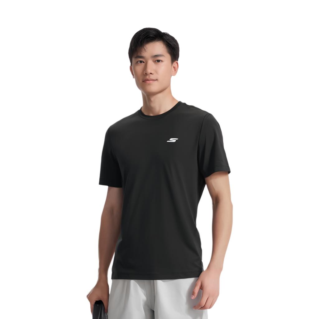 Skechers Solid Color Elastic Breathable Quick-Dry Sports Outdoor Running Short Sleeve T-Shirt Men tops Carbon-Black P223M094-0018