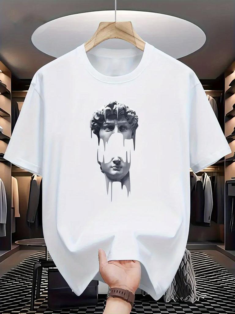 Summer Fashion Men's Crew Neck T-Shirt - Artistic Stone Statue Print, Knit Fabric, Slight Stretch, Regular Fit