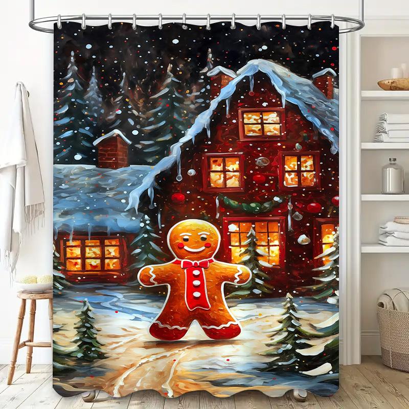 Tuniu Charming Gingerbread House Shower Curtain Festive Holiday Decor Cozy Winter Forest Bathroom Set Cute Christmas Village Bac