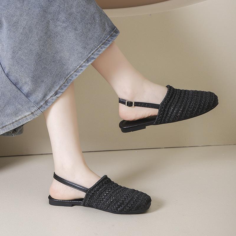 Bohemian linen woven breathable empty bag head half slippers women's 2025 new flat-bottomed sandals