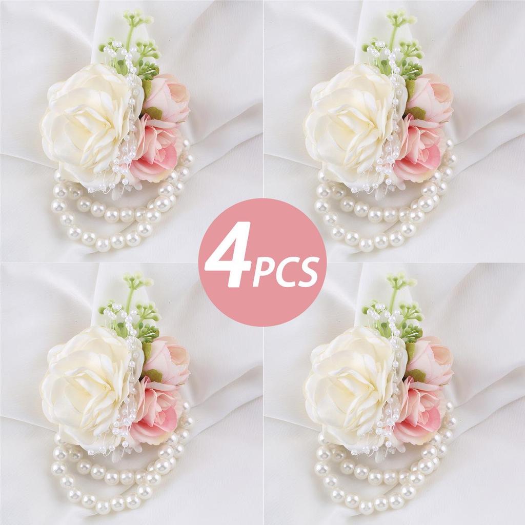 Cross-Border Milk Tea Rose Beaded Wrist Corsage Wedding Groomsman Brooch