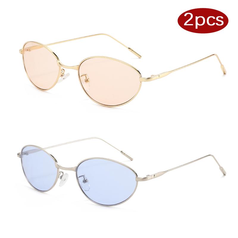 

2pcs Luxury Small Cat Eye Metal Sun Glasses Female Man Brand Designer Eyeglasses Outdoor Traveling Simple Style Sunglasses