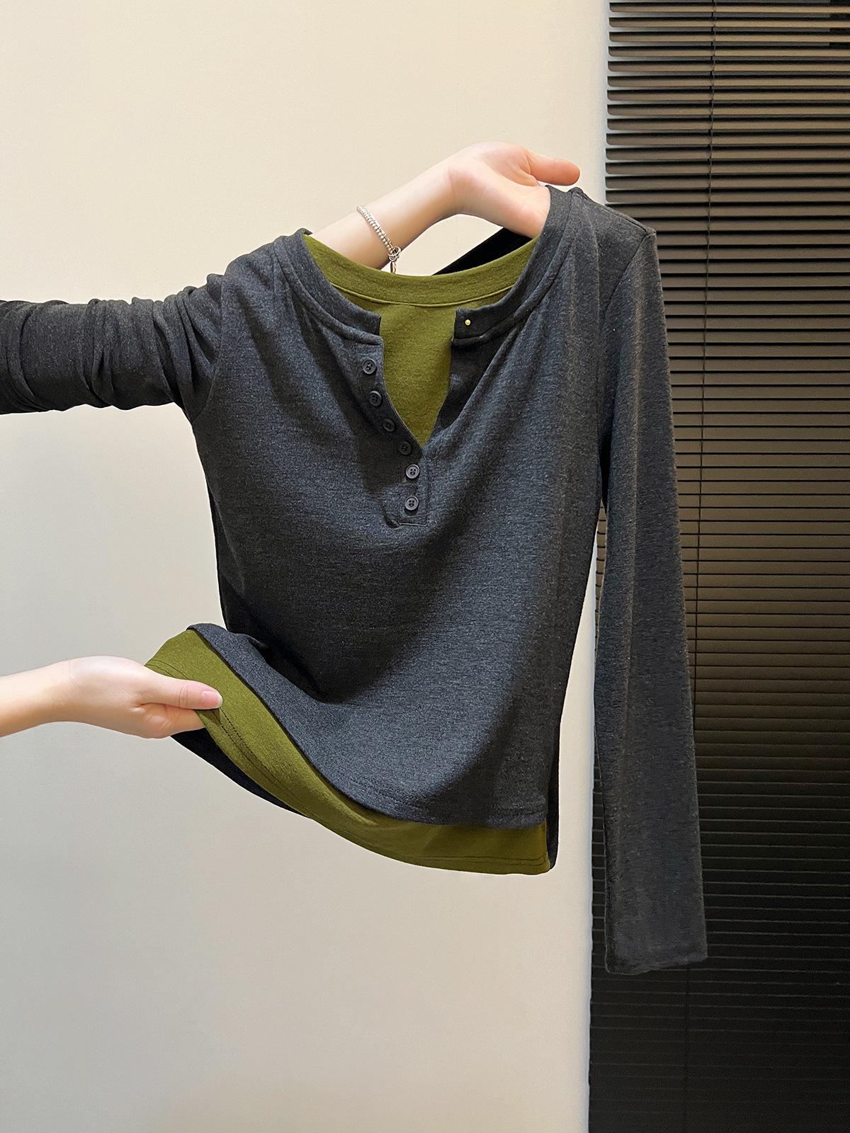 2025 Women s Autumn/Winter Slimming Color Block Patchwork Long Sleeve Two-Piece Look T-Shirt M