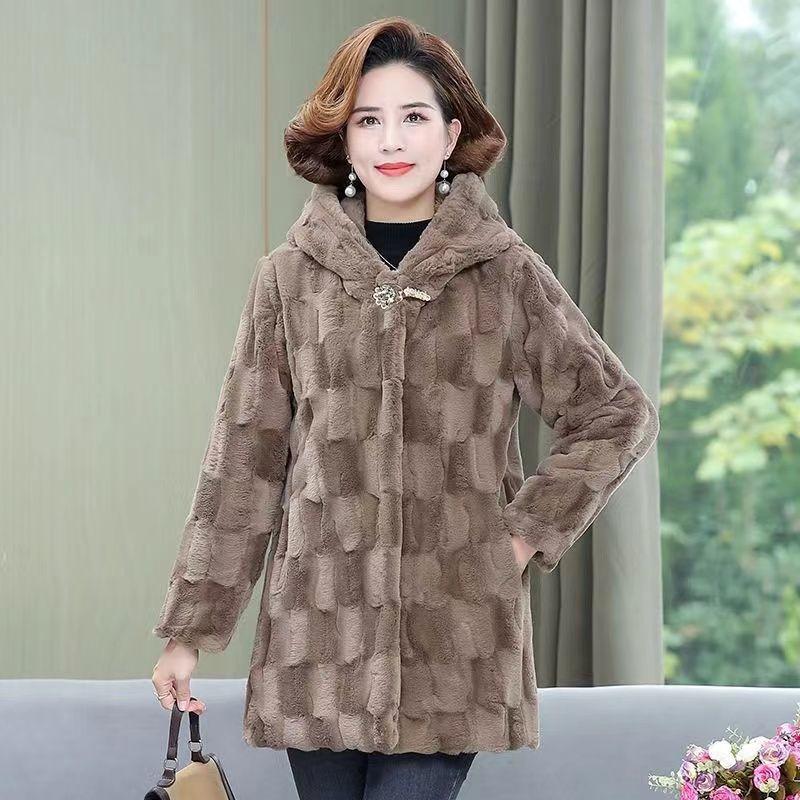 New mother winter imitation mink velvet imitation fur coat medium and old women's hooded thickened imitation mink coat