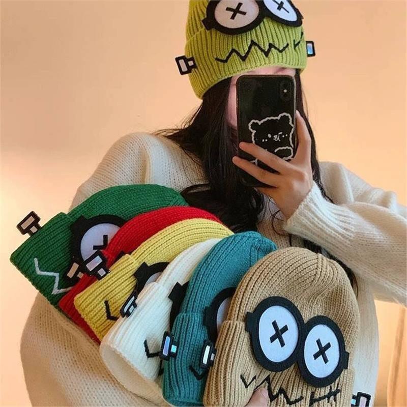 Cute funny fault robot wool hat female autumn and winter versatile personality warm big head circumference knitted hat male