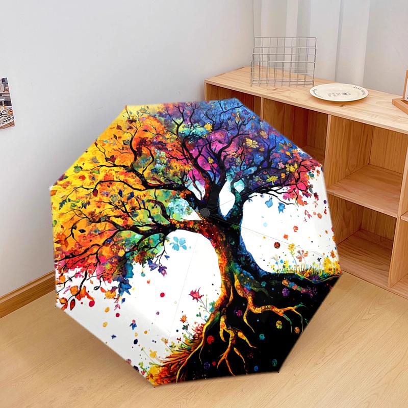 1 PC Automatic Folding Umbrella - Colorful Tree Pattern, Portable & Foldable Design with 8 Ribs, Christmas Birthday Gifts