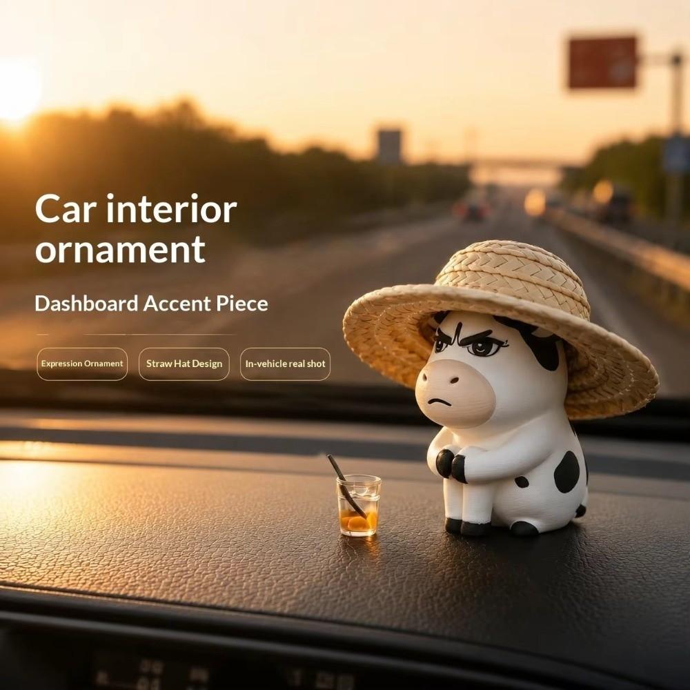 Straw Hat Weirdly Cow Figurine Decorative Dashboard Ornament Desk Decor Figurine Desk Decoration