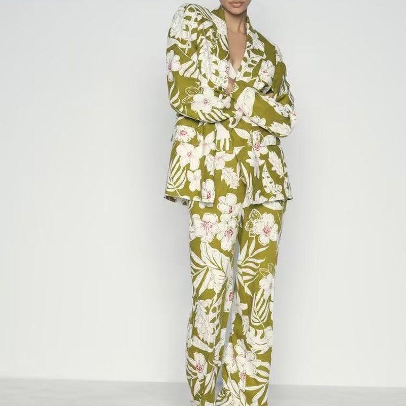 Zbzr Autumn New Women Clothes Western Style Fashion Linen Blend Flowers Print Blazers 8092711