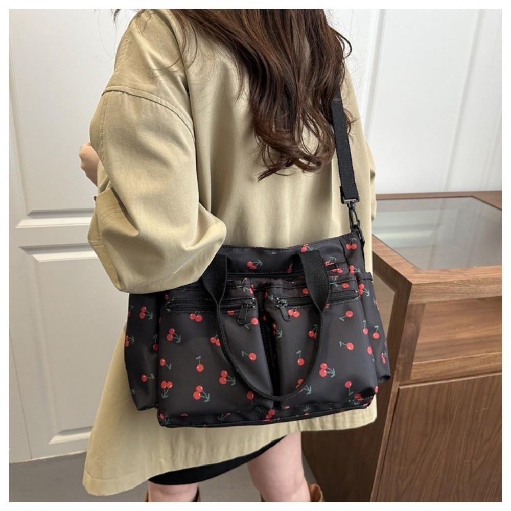 Casual Large Capacity Tote Bag Cherry Print Adjustable Strap Crossbody Bag Waterproof Multi-Pocket Shopping Bag