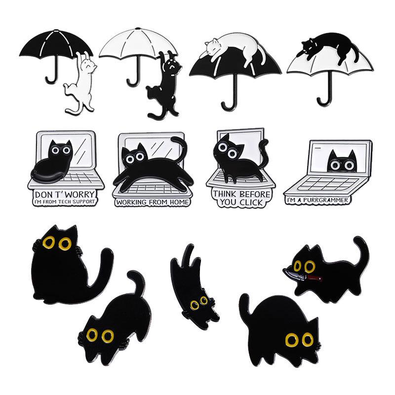 Cartoon Black Kitten Brooch Set: Cute Animal Accessory Collection