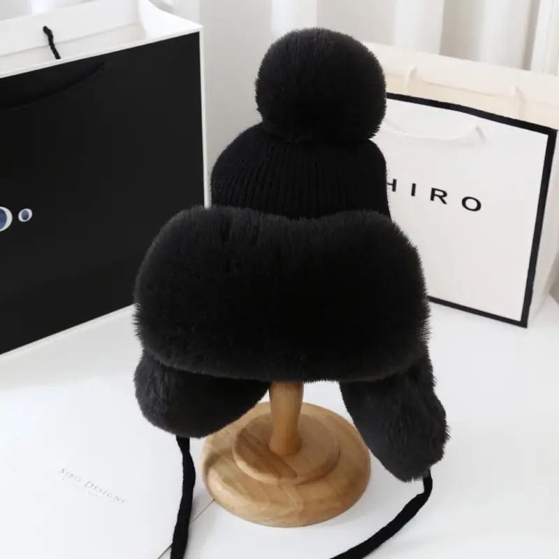 Winter Knitted Hat Thicken Skiing Plush Warm Snow Hats Solid High Quality Cute Earflap Hats for Women Outdoor Skiing 56-58cm чёрный