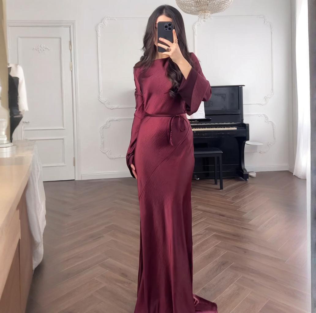 

Летнее европейско-американское модное платье с круглым вырезом, длинными рукавами, сексуального облегающего кроя для женщин Medium багровый