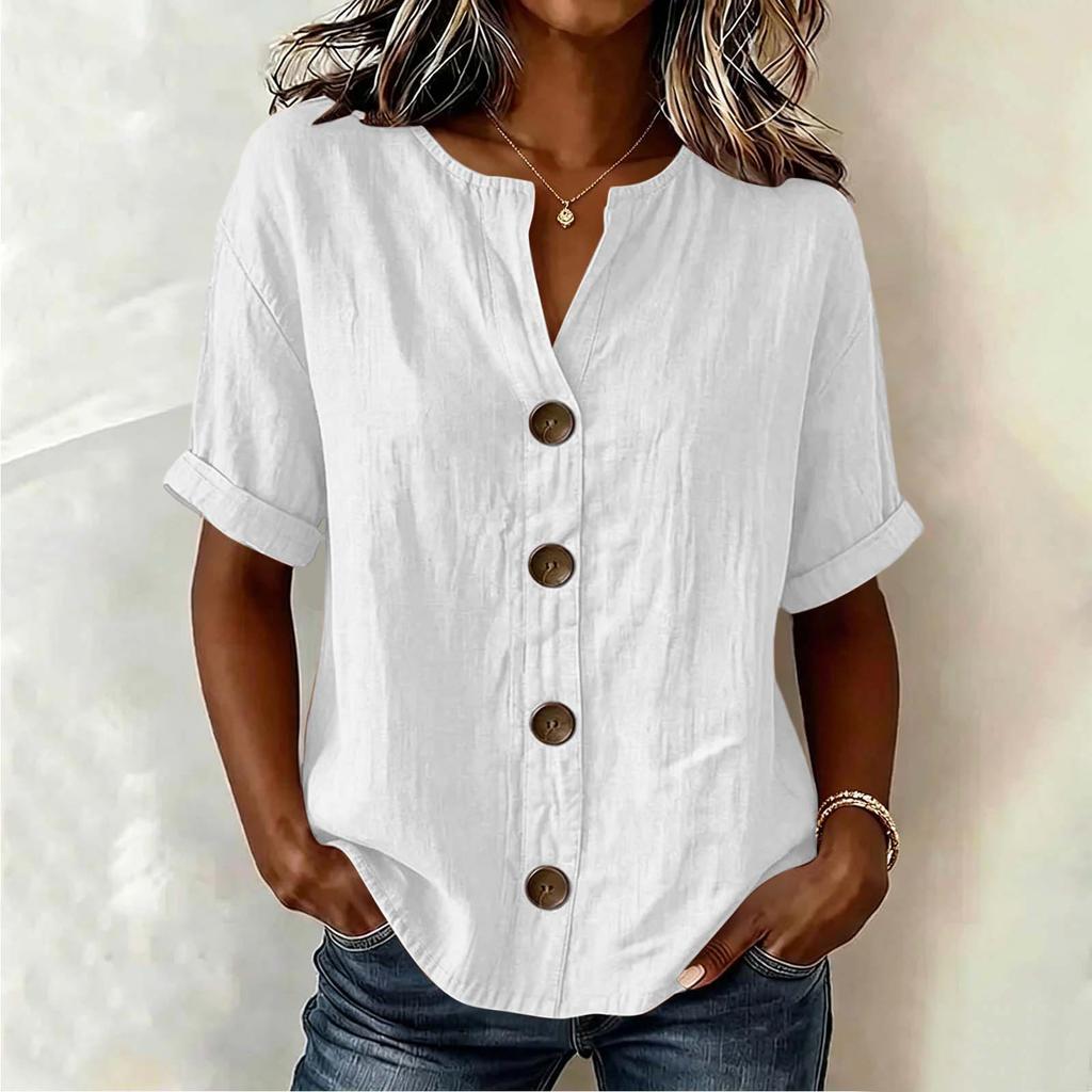 Women'S Elegant V Neck Short Sleeve Button Down Cotton Linen Blouse, Solid Color Summer Office Casual Top