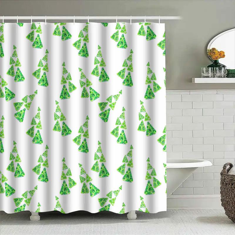 Christmas Tree Shower Curtain Green Festive Pattern For Bathroom Decor Polyester Fabric With Hooks (White) [View On ]