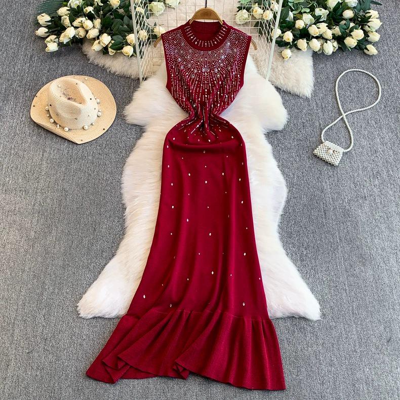 

2026 Summer Sleeveless Stand Collar A-Line Fishtail Dress: European & American Style High-End Socialite Slim Fit S