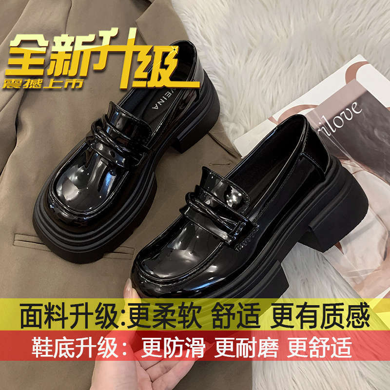 

British style one-pedal thick heel heightened loafers 2025 new spring black big head platform small leather shoes women 35