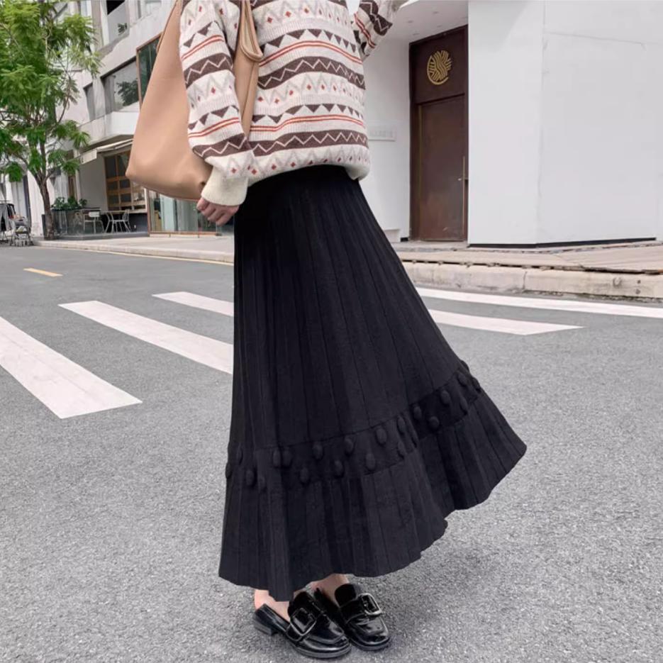 

Женская зимняя толстая вязаная юбка миди А-силуэта с высокой талией и плиссировкой, большого размера, черная в горошек, свободная, стройнящая талию One Size