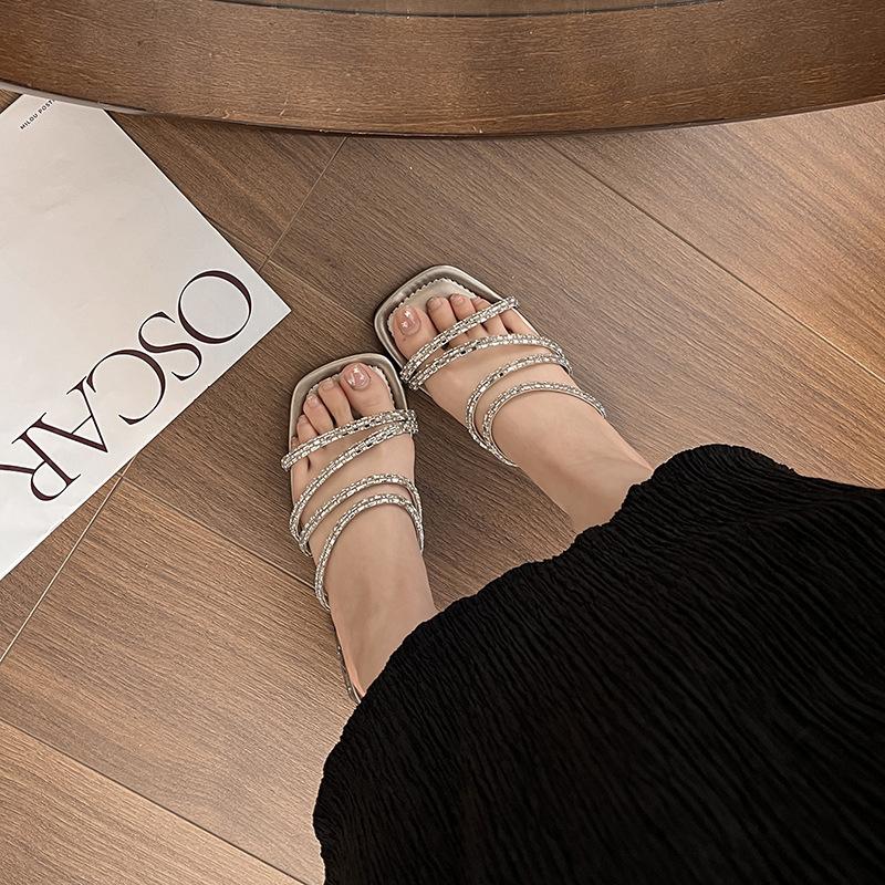 Coarse Heel Fashion Sandals Women's 2025 Summer New Open-toed High-heeled Sandals Wear Rhinestones Temperament Versatile One-word Drag Tide