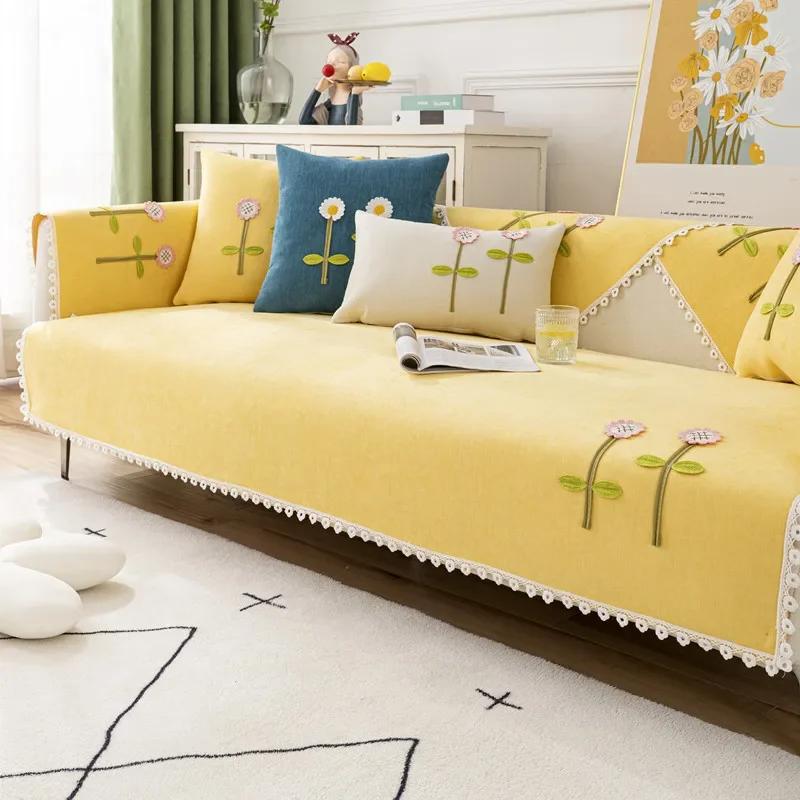 Solid Flower Sofa Cover White Edge Chenille Sofa Mat Non-slip Sofa Towel Couch Cushion Four Seasons Universal Couch Slipcover