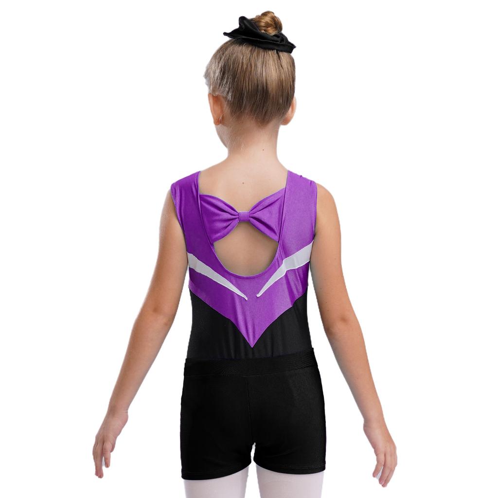 Mädchen Gymnastik Tanz Set Ärmellos Cut-out Rücken Glitzernde Strasssteine Trikot V-Bund Shorts Haargummi