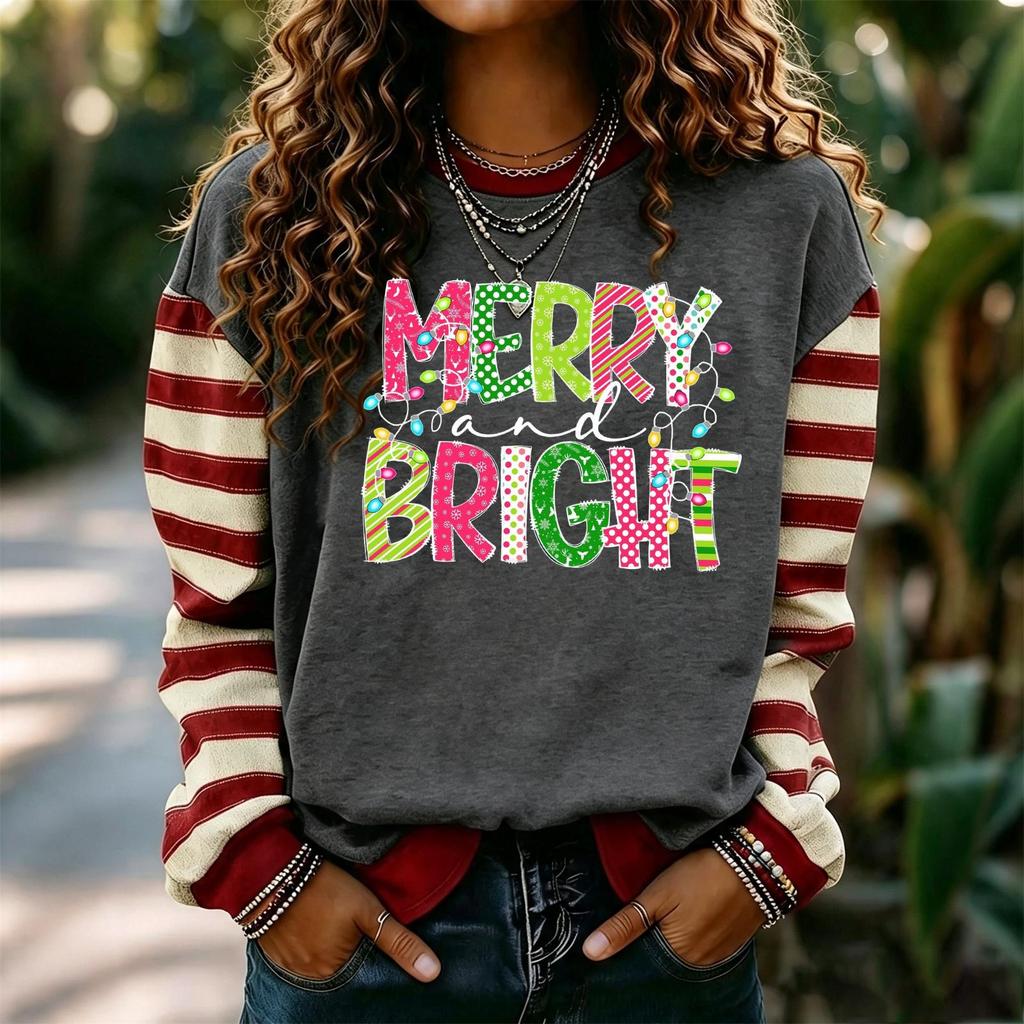 Sudadera de punto para mujer con estampado navideño, manga larga, cuello redondo