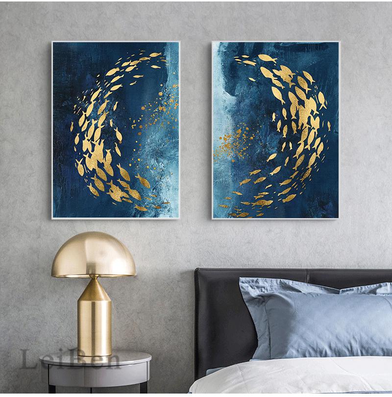 Cuadro artístico de pared de mariposa y pez dorado Negro nórdico, lienzo impreso, cuadro decorativo para sala de estar, decoración del hogar, sin marco