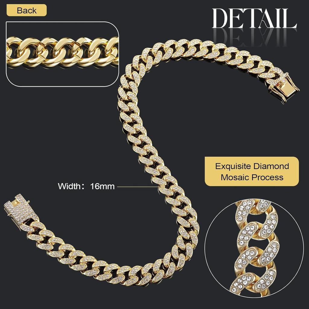 Tallew Dog Chain Diamond Collar Gold 16 Mm Wide Walking Metal Chain Necklace with Secure Buckle Pet Cuban Style Collar Jewelry Accessories for Small