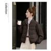Women Short Cotton Jacket Stand Collar Long Sleeve Solid Color Casual Winter Coat
