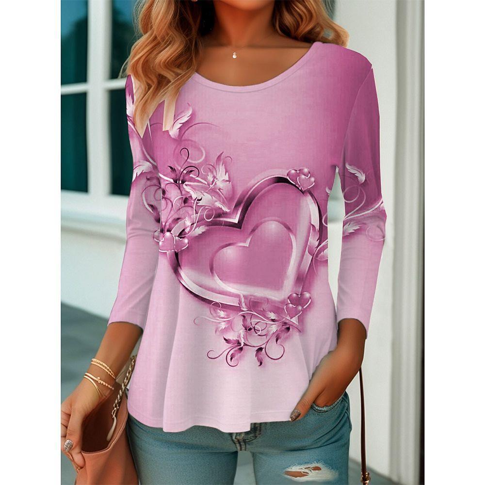 Autumn and Winter Ladies 3D Printed V-Neck Long Sleeve T-Shirt Fashion Versatile Trend Breathable Casual