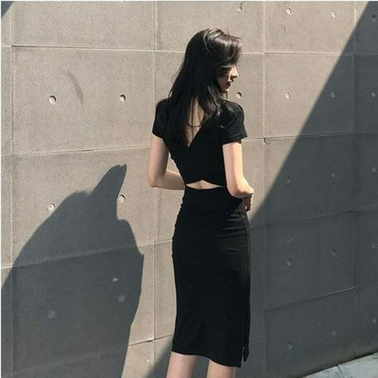 2025 Spring/Summer Korean Hip Skirt Sexy Midi Slit Short Sleeve Backless Dress for Women