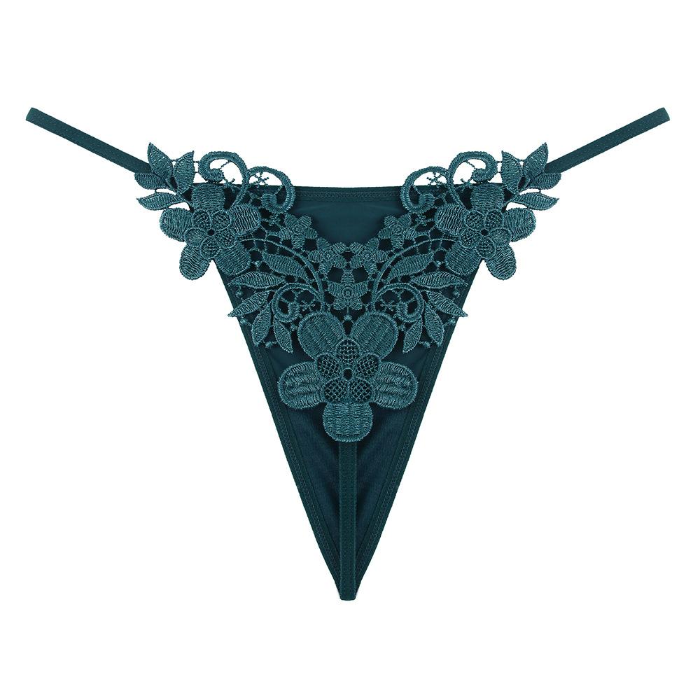 European and American Sexy Light Luxury Embroidered Thong Women's Ice Silk Seamless Low Waist Thin Belt Beautiful Buttocks with Hollowed-out Temptatio