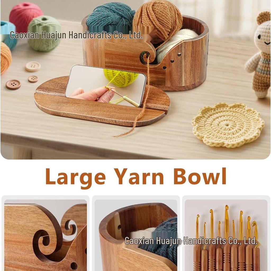 Oval Wooden Wool Bowl with Lid for Knitting and Phone Storage