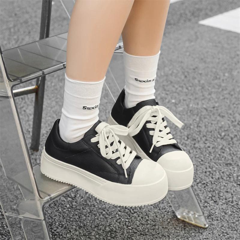 Fashion Men Casual Outdoor Antiskid Thick Bottom Sneakers Fashion Round Toe Lace-Up Tenis Masculino Shoe Genuine Leather Comfy Flat Shoe