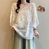 DIMANAF 2026 New Summer Basic Shirt Women Lace Blouse Tops Tees Casual O-Neck Loose White Short  Tees
