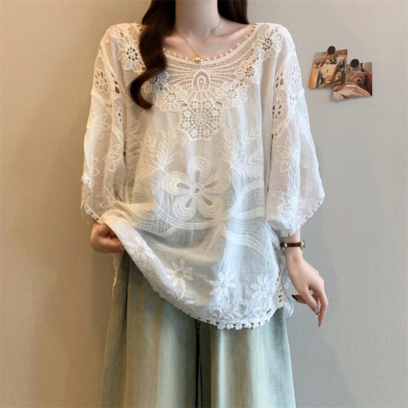 DIMANAF 2026 New Summer Basic Shirt Women Lace Blouse Tops Tees Casual O-Neck Loose White Short Tees