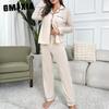GMXIA Women's Pajamas Autumn and Winter Solid Color Cardigan Long Sleeve Loungewear Set