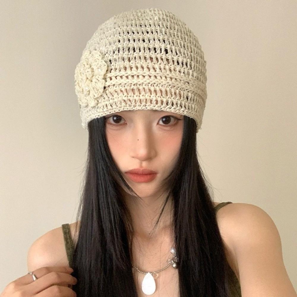 Flower Knitted Caps Hollow Sequin Crochet Hat Y2k Style Beanies Cap