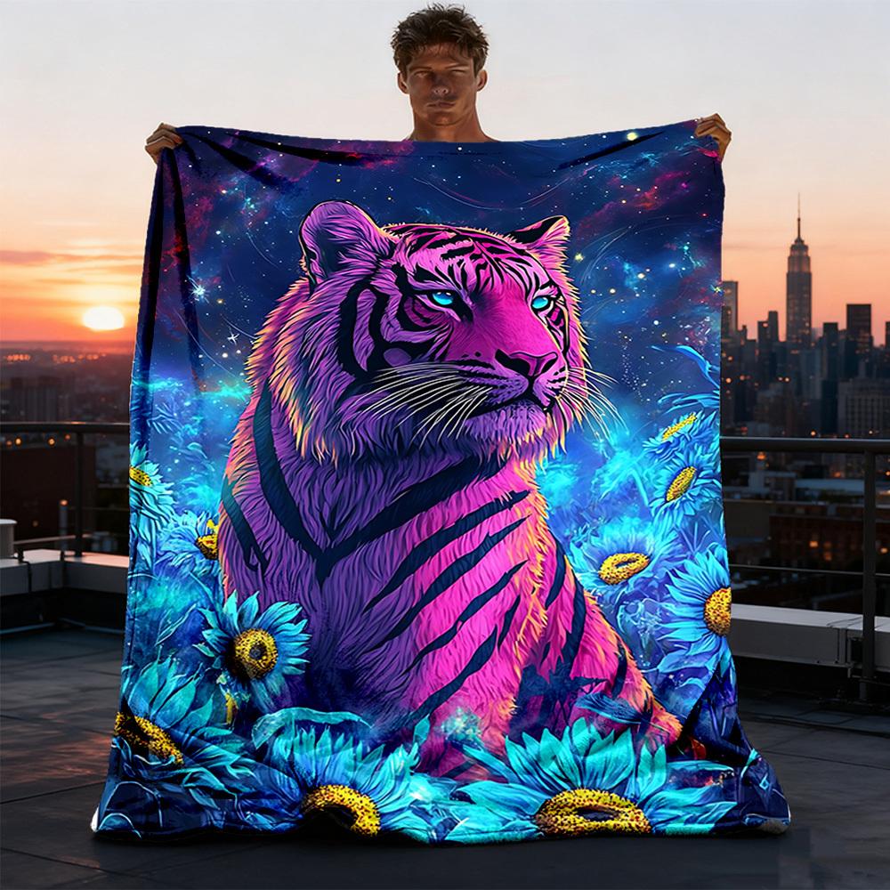 1pc Tiger Fantasy Flowers Throw Blanket Polyester Fiber, Lightweight Flannel, Soft & Warm, All Season Use for Outdoor, Camping Digital Print