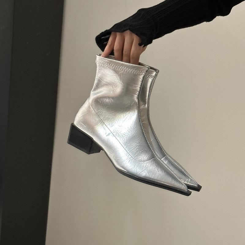 New Pointed Toe Women Ankle Boots Fashion Thick Heel Slimming Short Booties Autumn Winter Soft Leather Female Shoes
