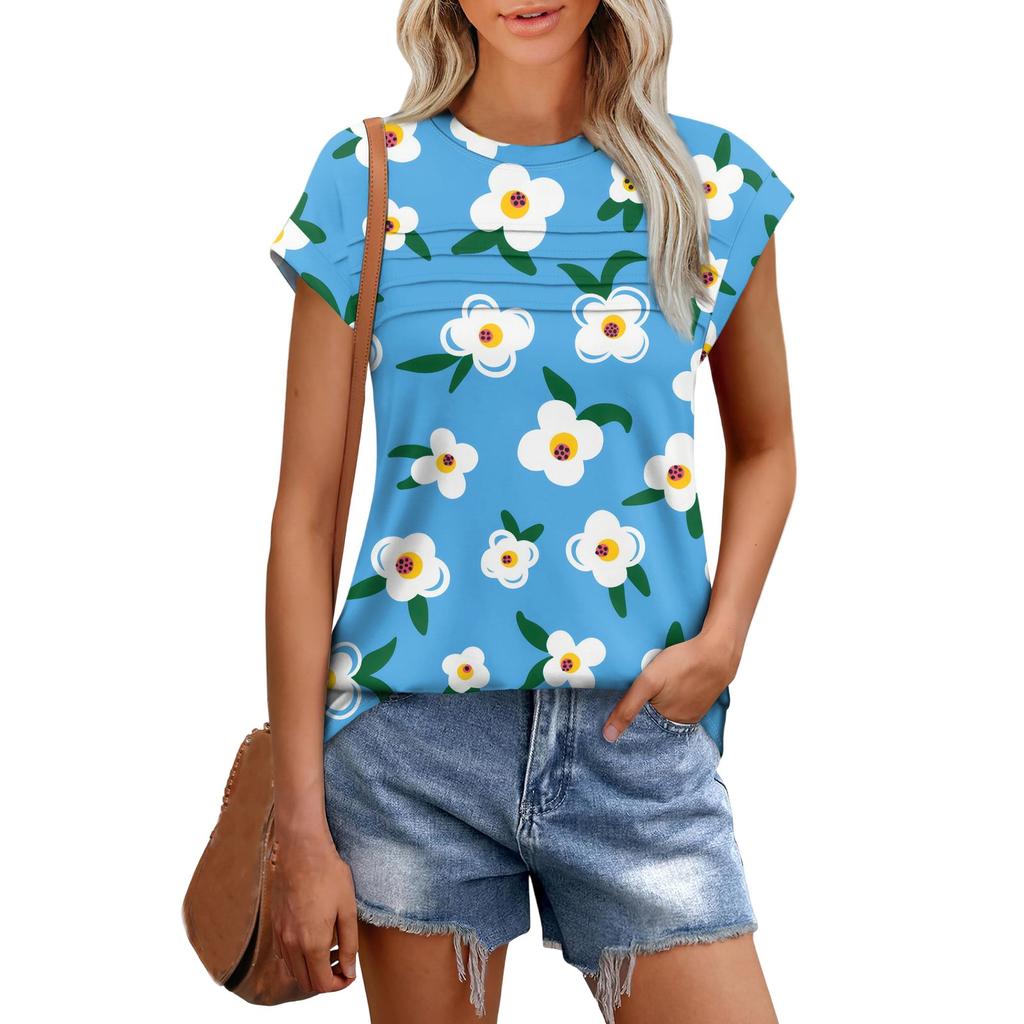 Damenmode Lässig Kurzarm Basic Textur Floral Rundhals T-Shirt Kappenärmel Top