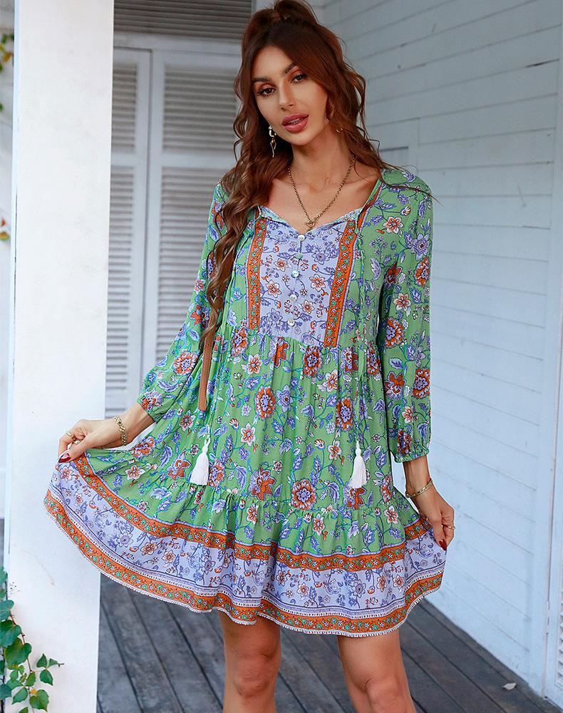 

Floral Print Ruffled Sleeve Dress with Fringe Hem and Button Details, Casual Summer Dress for Women XL