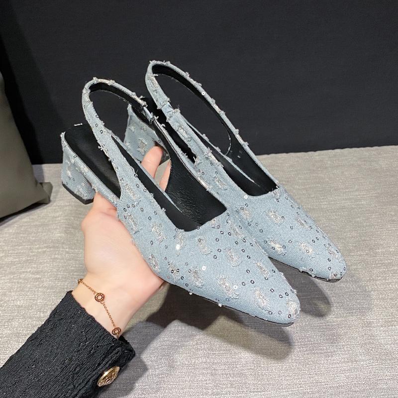 Fashion Spring New Baotou Sandals for Women Fashion Pointe Shallow Mouth Sequin Cloth Slip-on Anti-slip and Wear-resistant Heel Shoes