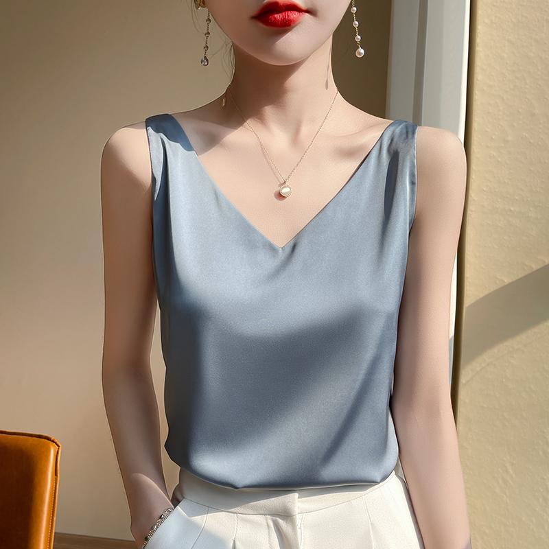 Simulation Silk Sling Vest, Women's Inner Suit, Black and White Bottomed Satin, Mulberry Silk Acetic Acid Top, Summer V-neck